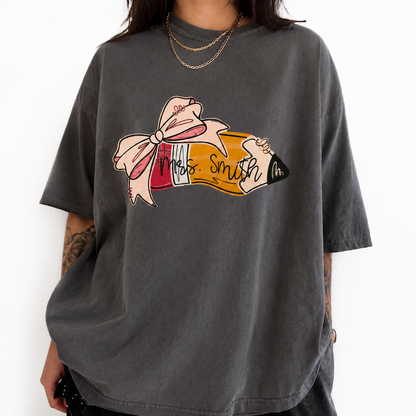 Personalized Teacher Name T-Shirt – Custom Pencil & Bow Tee