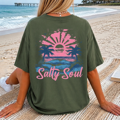 Salty Soul Back Print T-Shirt - Retro Beach Sunset Graphic Tee
