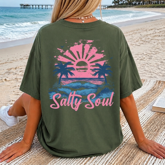 Salty Soul Back Print T-Shirt - Retro Beach Sunset Graphic Tee