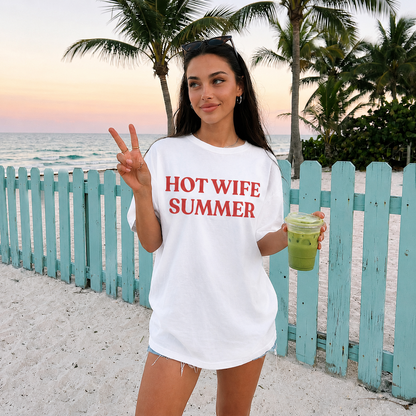 Hot Wife Summer Graphic T-Shirt - Personalized Retro Trendy Bold Text TShirt, Summer Beach Vacation