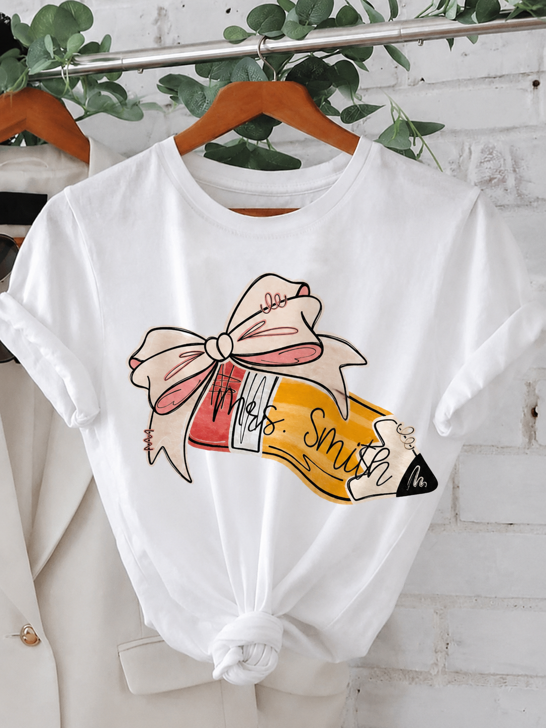 Personalized Teacher Name T-Shirt – Custom Pencil & Bow Tee