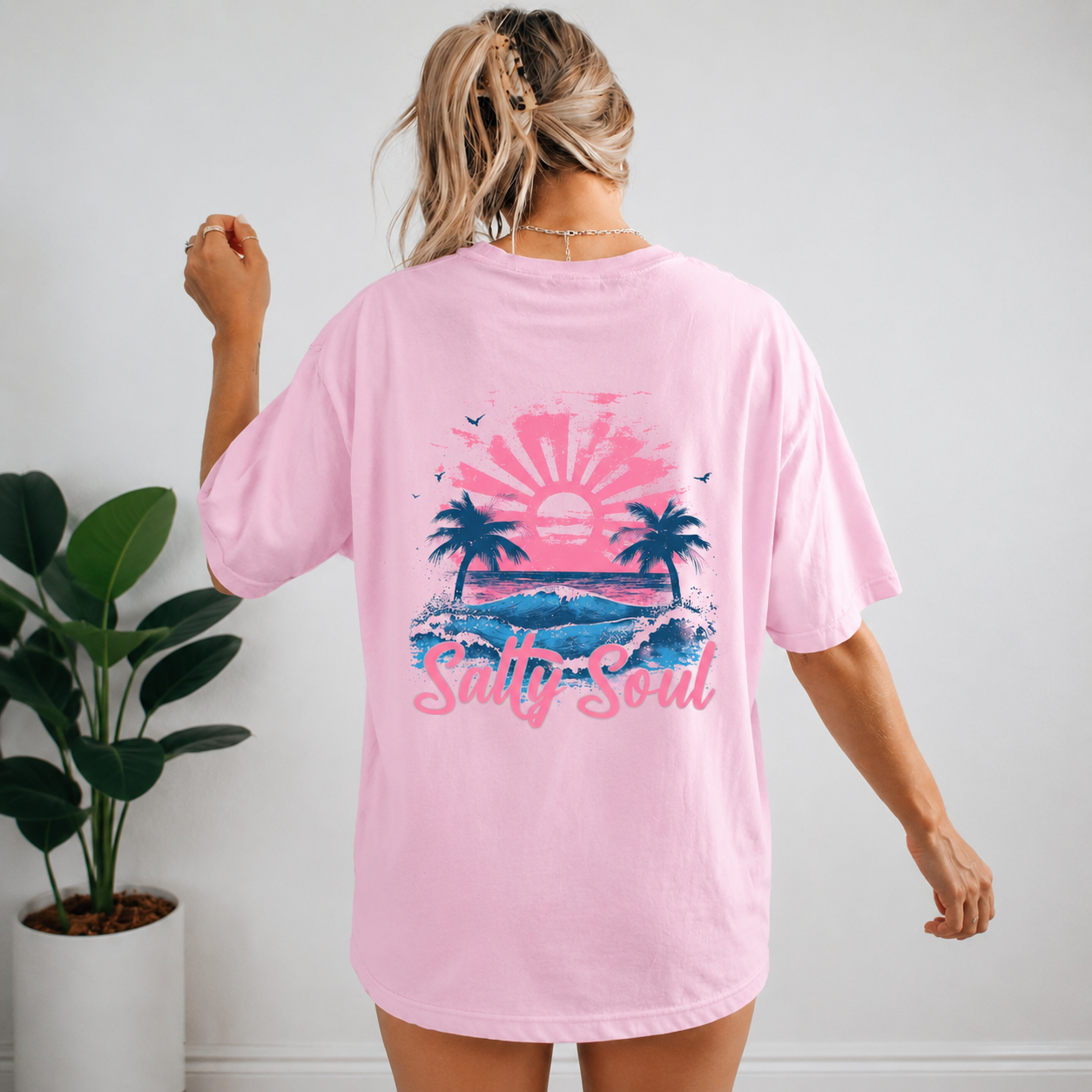 Salty Soul Back Print T-Shirt - Retro Beach Sunset Graphic Tee