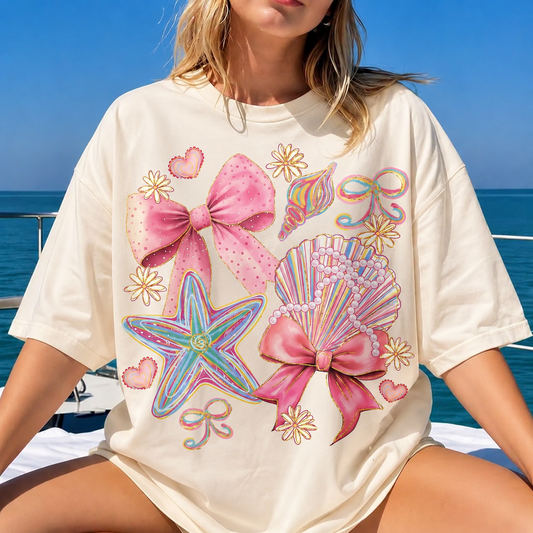 Cute Beach Graphic Tee Women Pink Bow Seashell Summer Shirt