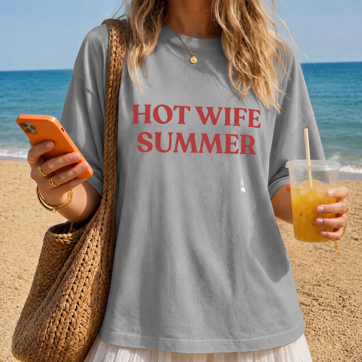 Hot Wife Summer Graphic T-Shirt - Personalized Retro Trendy Bold Text TShirt, Summer Beach Vacation