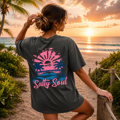 Salty Soul Back Print T-Shirt - Retro Beach Sunset Graphic Tee
