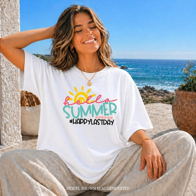 The Hello Summer #HappyLastDay Graphic TShirt