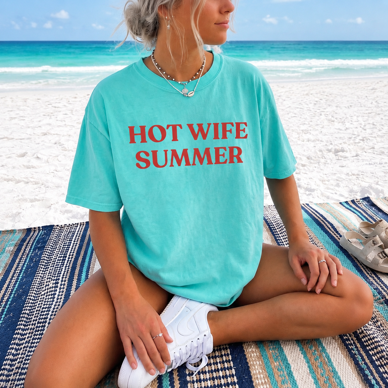 Hot Wife Summer Graphic T-Shirt - Personalized Retro Trendy Bold Text TShirt, Summer Beach Vacation