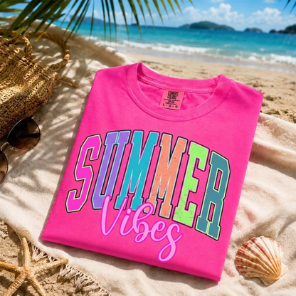 Summer Vibes Graphic Tee Women Hot Pink Beach Vacation Shirt