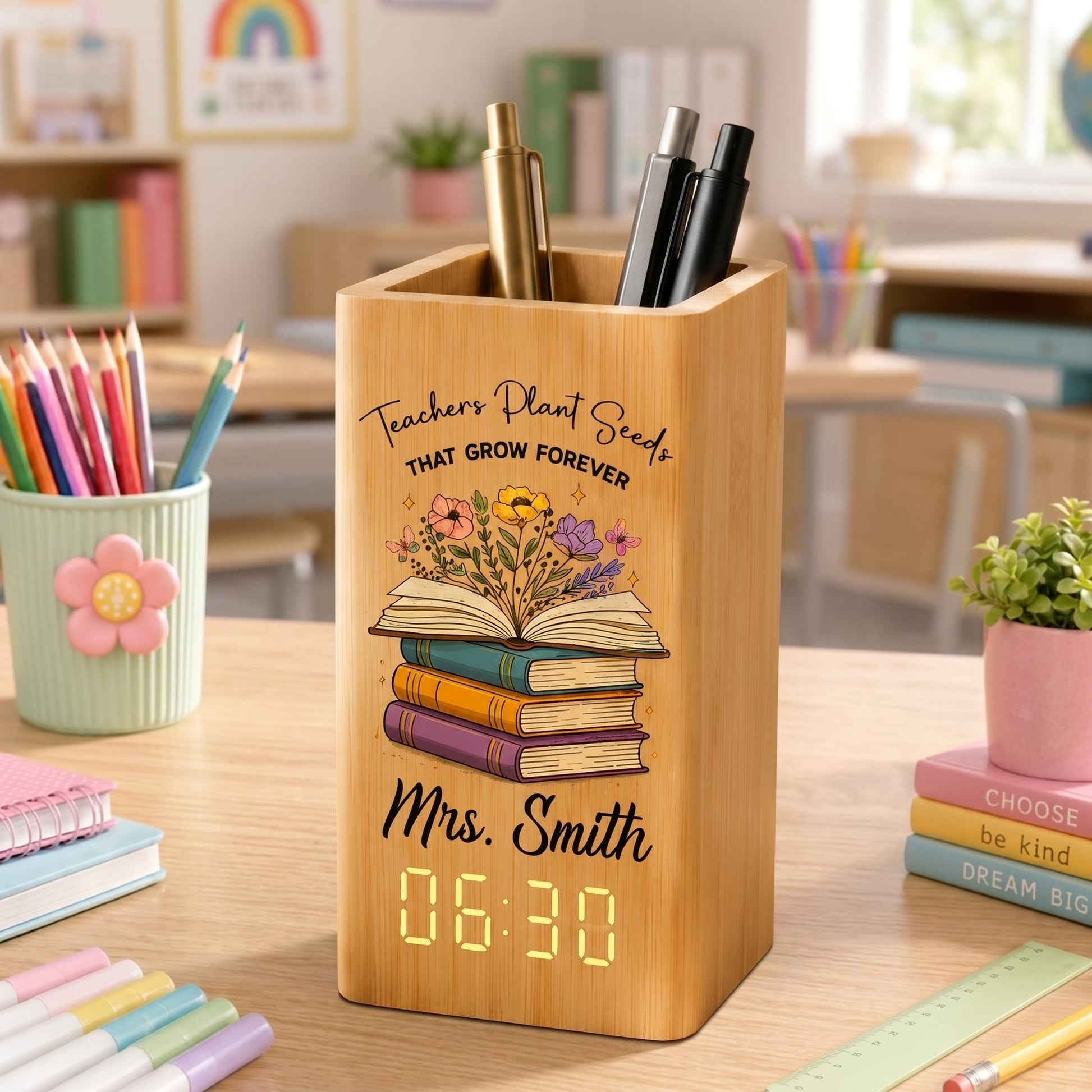 Custom Wooden Pen Holder Clock, Personalized Teacher Desk Storage, Natural Wood Organizer, Classroom Decor Gift for Teacher