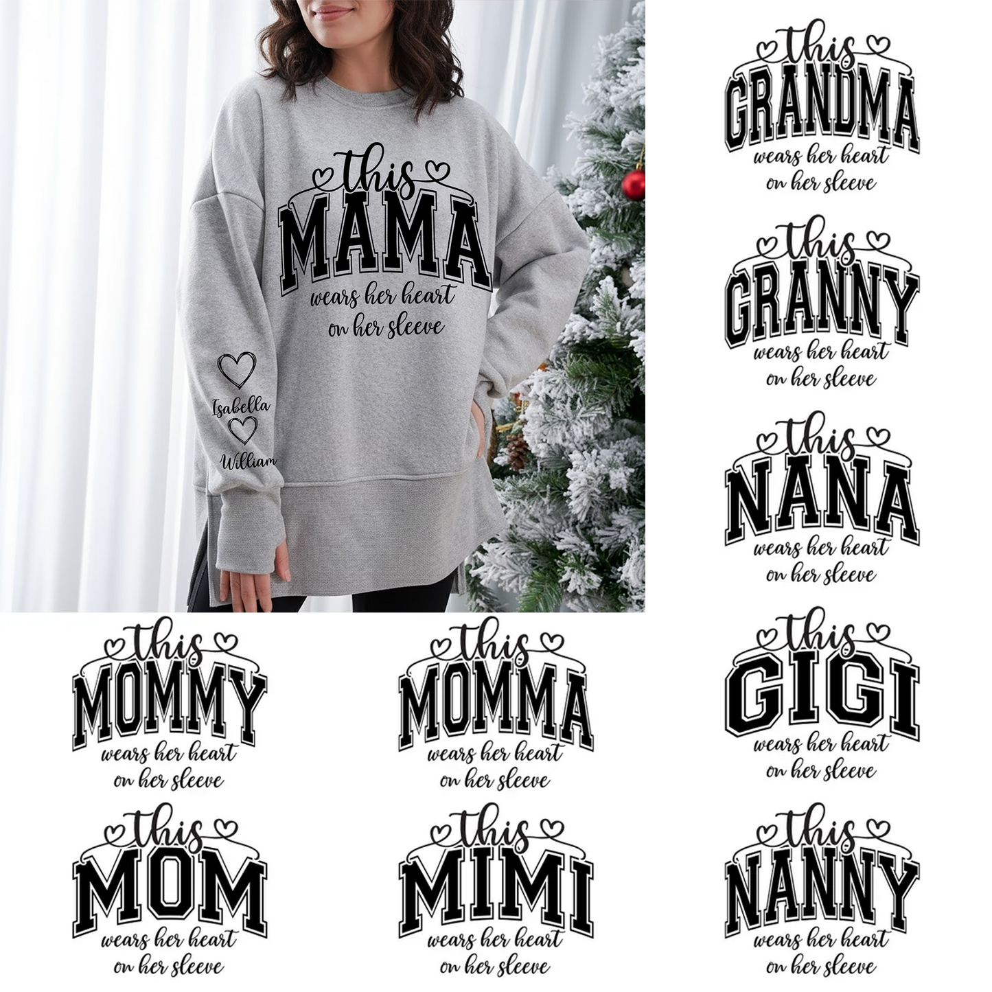 Personalized Mama Mommy Mom and Kids Women Oversized Sweatshirts Thumbhole Long Sleeve, Thumbhole Fall Side Slit Pullover