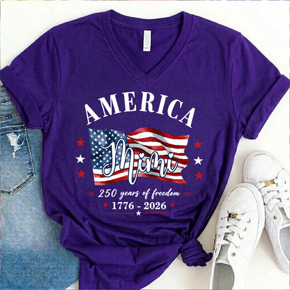 Personalized Mimi America 250 Years of Freedom V-Neck Shirt, Patriotic American Flag Shirt, 1776 2026 USA Celebration, Independence Day Birthday Gift for Mimi Nana Gigi