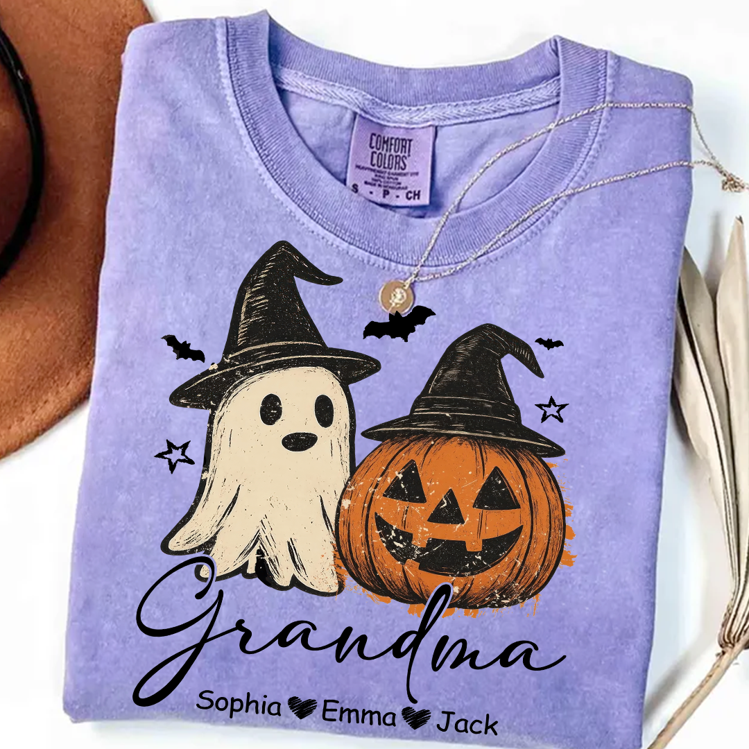 Comfort Colors® Grandma Floral Pumpkin, Ghost Pumpkin And Grandkids T-Shirt