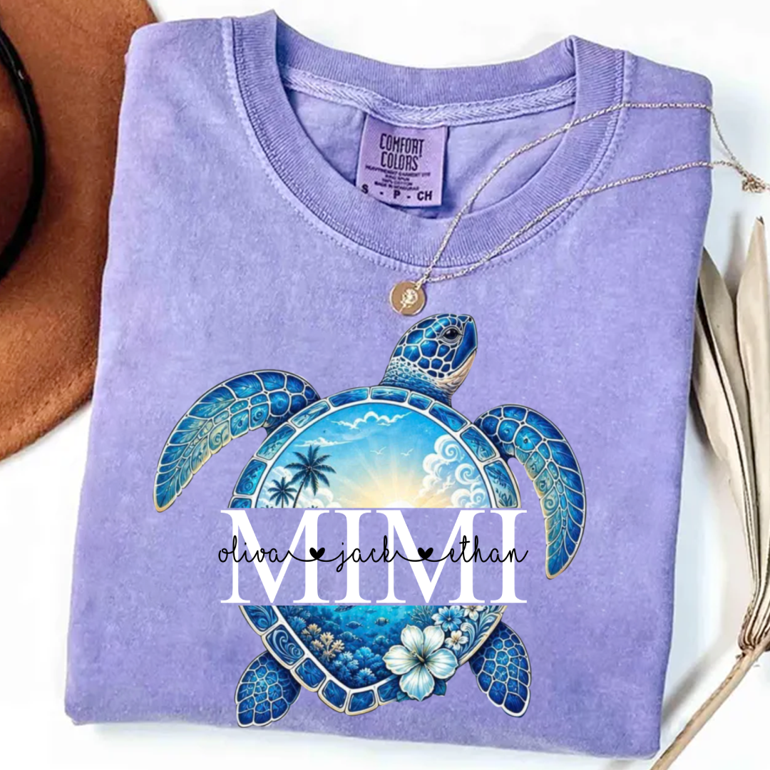 Comfort Colors® Personalized Mimi Sea Turtle Shirt, Custom Grandkids Names Beach Tee, Coastal Ocean Summer Gift for Grandma