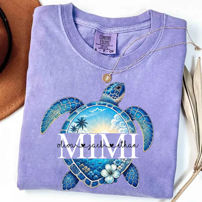 Comfort Colors® Personalized Mimi Sea Turtle Shirt, Custom Grandkids Names Beach Tee, Coastal Ocean Summer Gift for Grandma