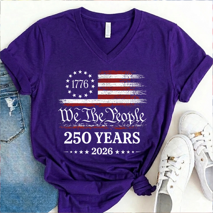250 Years We The People V-Neck Shirt, Patriotic American Flag Shirt, 1776 2026 USA Anniversary Shirt, Retro Independence Day V-Neck for Women