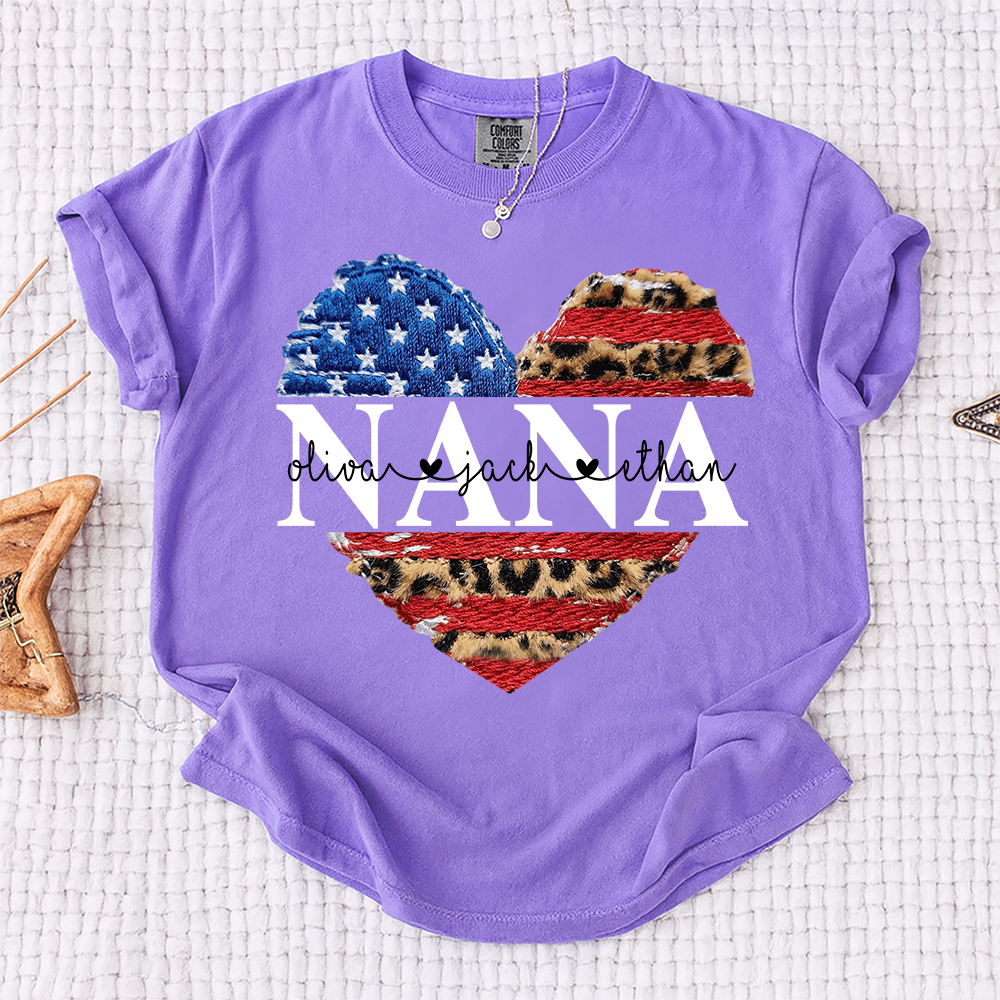 Comfort Colors® Personalized Nana Patriotic Heart Shirt with Grandkids Names, Custom Family Nickname Tee, American Flag Leopard Print, 4th of July Outfit Gift For Mother's Day Birthday