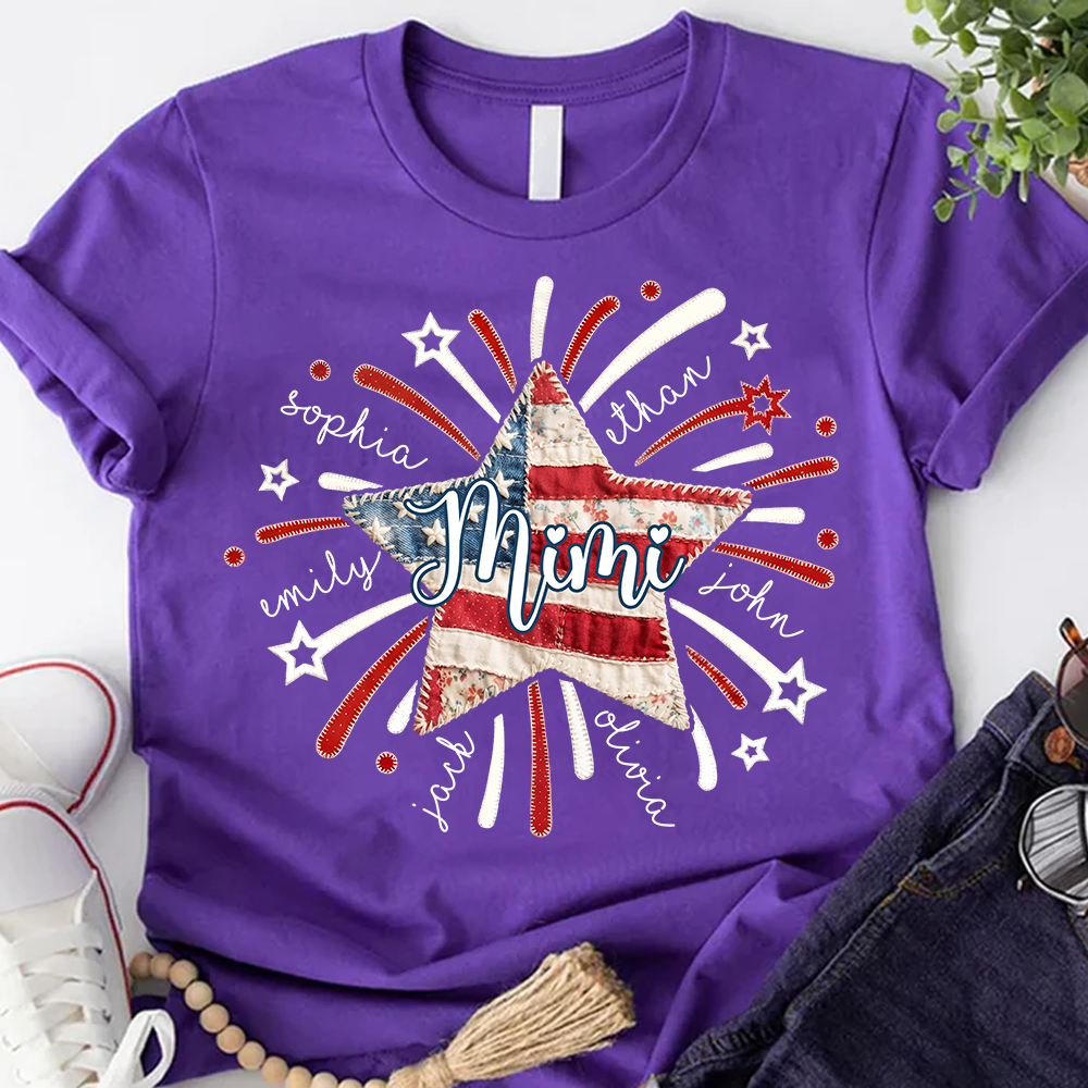 Personalized Mimi Patriotic Patchwork Star Shirt Custom Kids Names, American Flag Fireworks Graphic T Shirt for Grandma Nana Gigi, 4th of July Family Gift