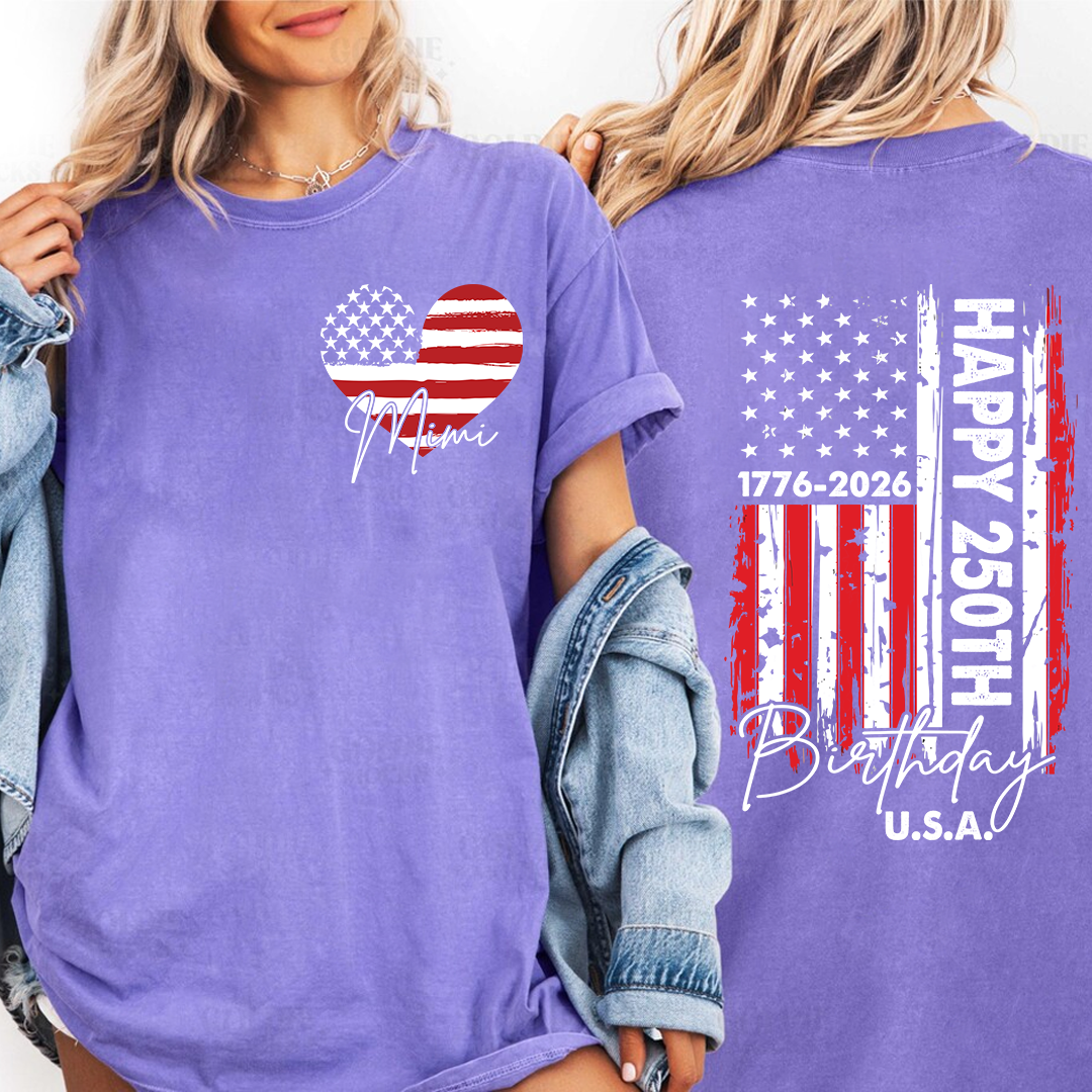 Personalized Mimi Patriotic Heart Flag Shirt, Happy 250th Birthday USA Grandma Shirt for Nana Gigi Mimi, 250 Years of Freedom 4th of July Comfort Colors® Shirt