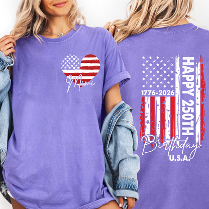 Personalized Mimi Patriotic Heart Flag Shirt, Happy 250th Birthday USA Grandma Shirt for Nana Gigi Mimi, 250 Years of Freedom 4th of July Comfort Colors® Shirt