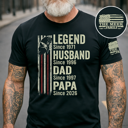 Legend Husband Dad Papa Shirt with American Flag, Personalized Since Year T-Shirt Gift for Men