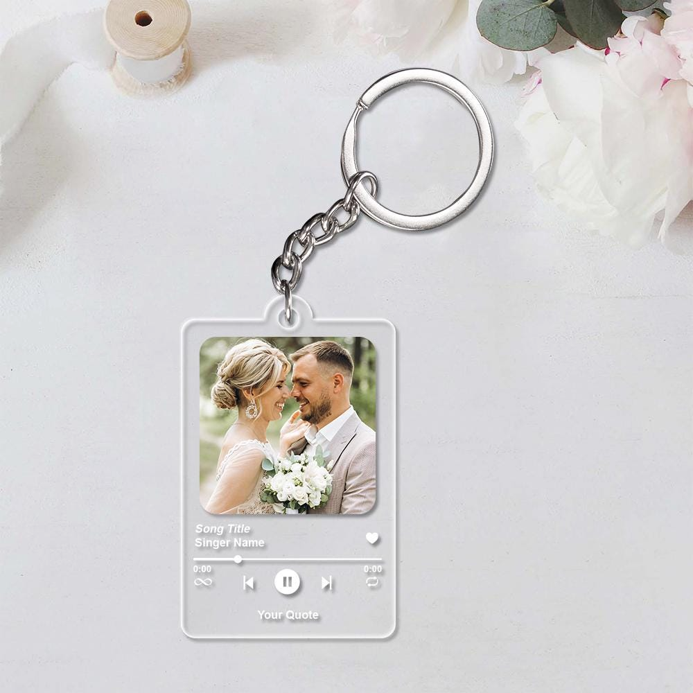 Personalized Song Photo Keychain with Custom Picture and Quote, Music Player Style Keychain for Couples, Wedding Anniversary Keepsake