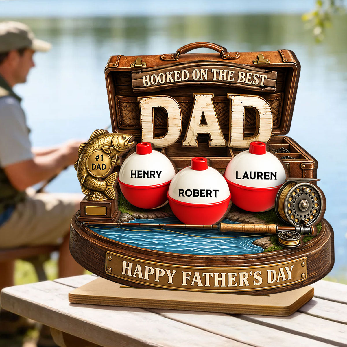 Personalized Fishing Dad Gift 2-Layered Wooden Plaque, Custom Name Bobber Decor, Hooked On The Best Dad Fathers Day Gift