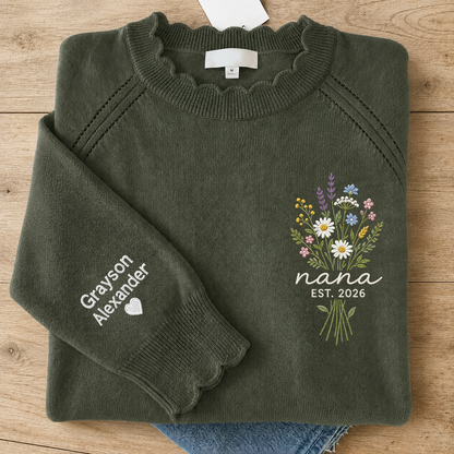 Custom Embroidered Knit Nana Sweater – Personalized Wildflower Bouquet EST. 2026 Crewneck with Sleeve Name