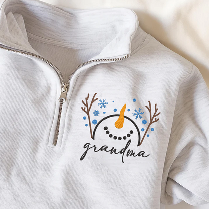 Custom Embroidered Grandma Snowman Sweatshirt And Grandkids Quarter Zip Sweater