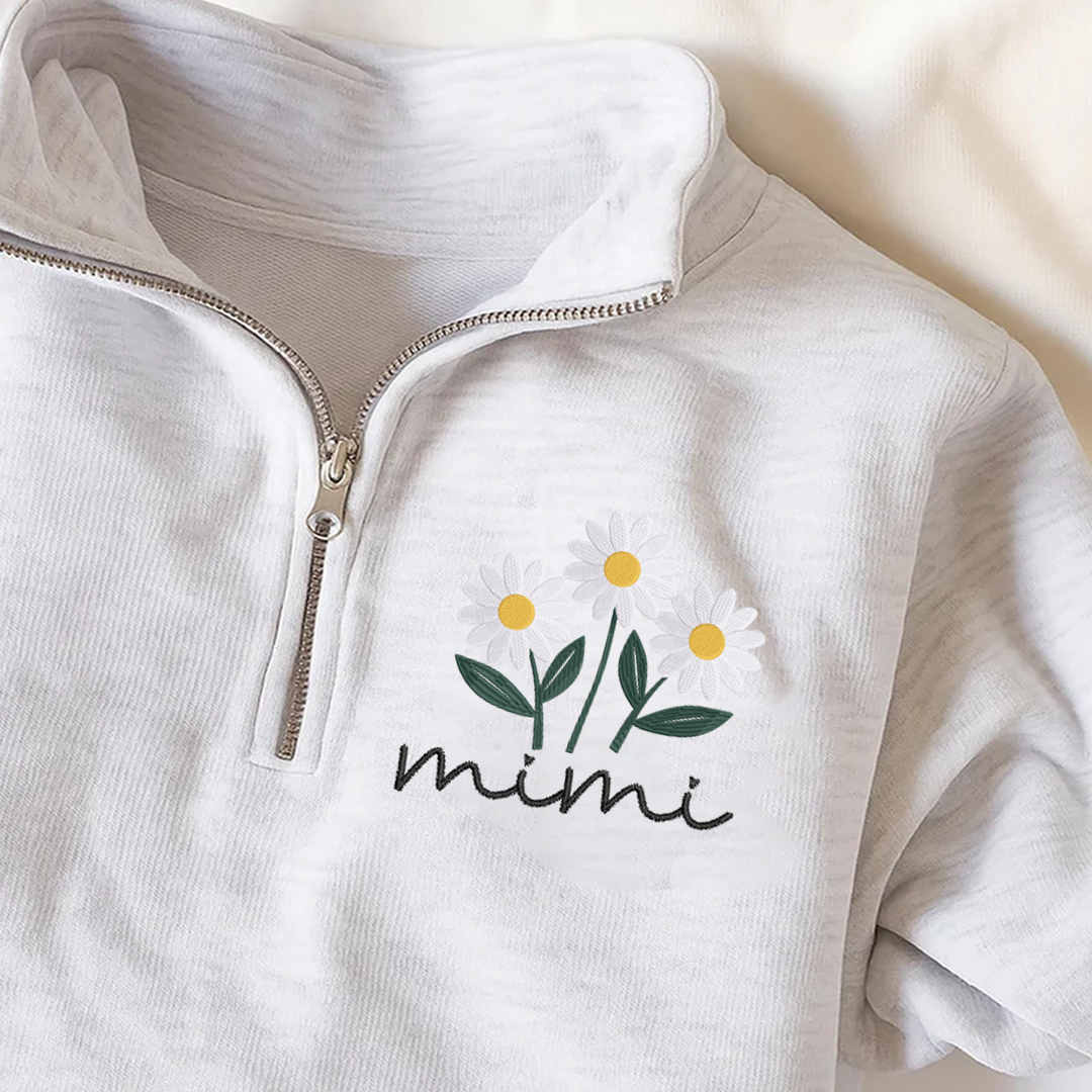 Embroidered Mimi daisy flower Sweatshirt And Grandkids Quarter Zip Sweater