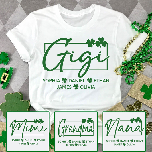 Personalized Gigi Shirt St Patricks Day Shamrock Design, Custom Grandma Shirt With Kids Names