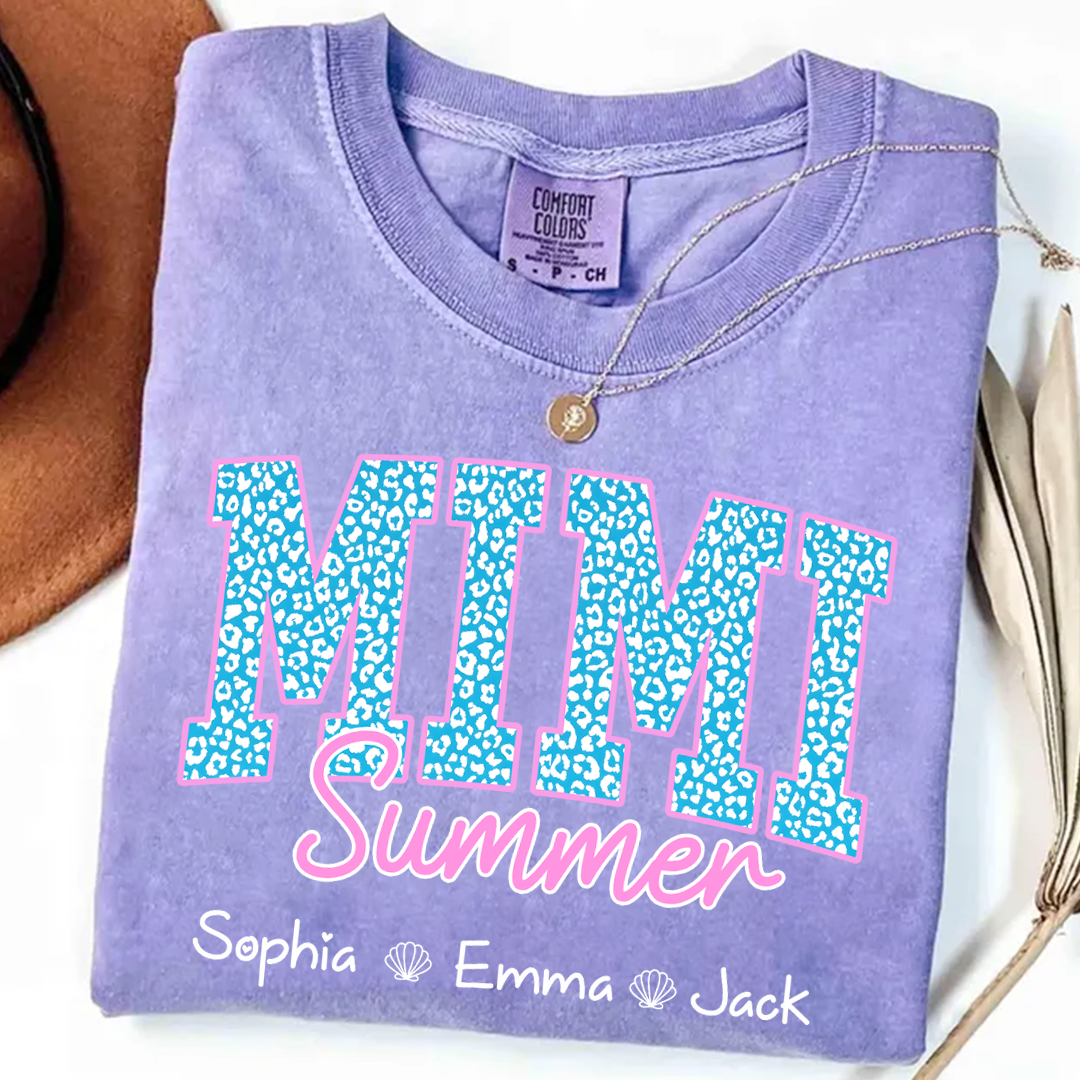 Comfort Colors® Personalized Mimi Summer Shirt, Custom Grandkids Names Shirt, Leopard Heart Grandma Shirt, Summer Gift for Mimi Nana Gigi, Birthday Mothers Day Shirt