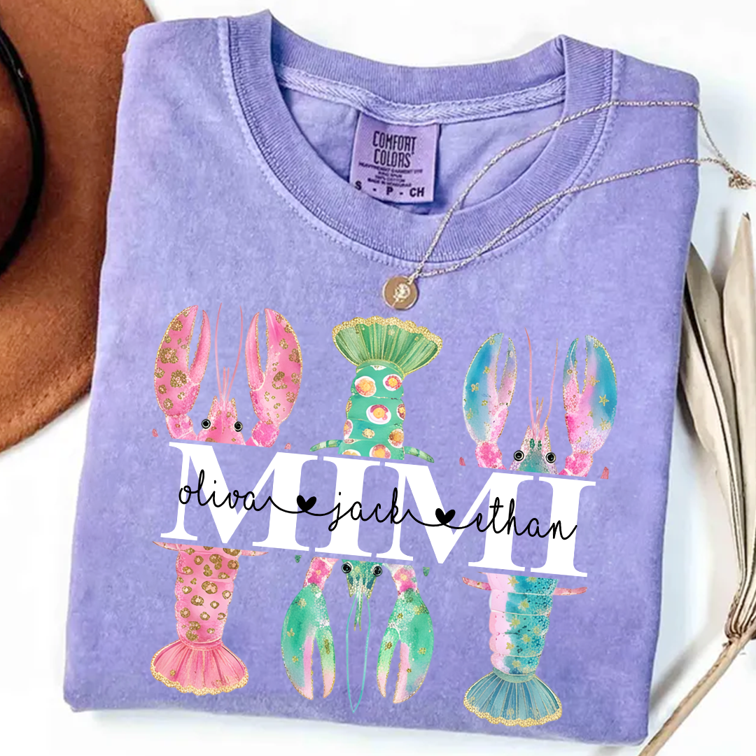 Comfort Colors Custom Mimi Lobster Shirt with Grandkids Names, Personalized Grandma Beach Summer T-Shirt Gift for Grandma