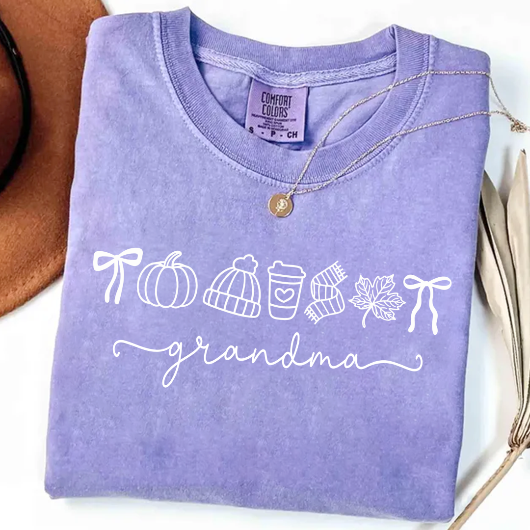 Comfort Colors® Personalized Grandma Fall T-Shirt, Pumpkin Coffee Autumn Leaves Shirt, Custom Grandma Name Thanksgiving Gift, Custom Family Names Gift for Grandma