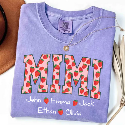 Comfort Colors® Personalized Mimi Strawberry Shirt, Custom Grandma Shirt with Grandkids Names, Cute Strawberry Graphic T-Shirt