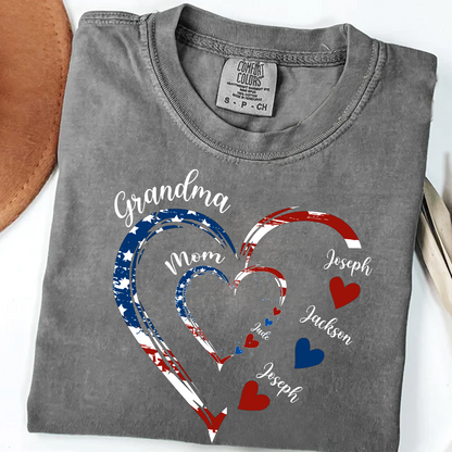 Personalized Grandma Mom American Flag Heart Shirt - Custom Kid Names