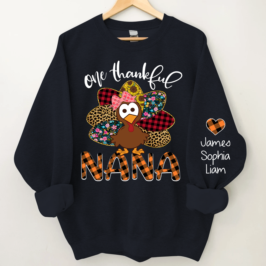 Personalized One Thankful Grandma Turkey Cute Sweatshirt, Custom Grandma and Grandkids Sweatshirt