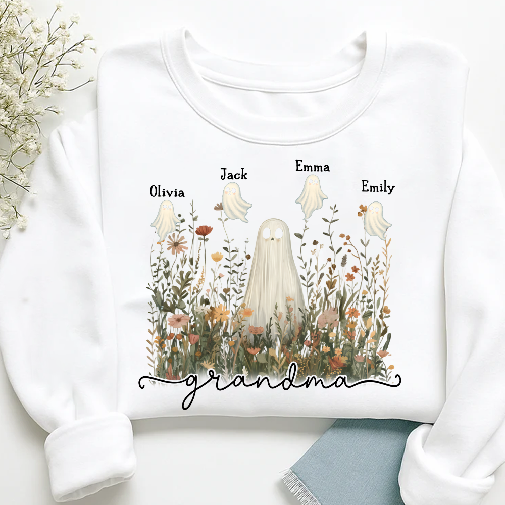 Grandma Cute Ghost in Wildflowers Halloween And Grandkids Sweatshirt