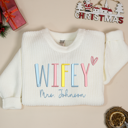 Wifey Embroidered Color Sweater, Christmas Gift Knit Sweater – Personalized Wifey Sweater with Wedding Gift, Gift for Bride