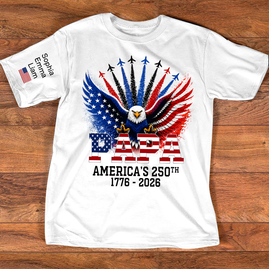 Personalized Grandpa Patriotic Eagle Shirt Custom Kids Names Sleeve, U.S. 250th Anniversary 1776 2026, Gift For Father's Day Birthday