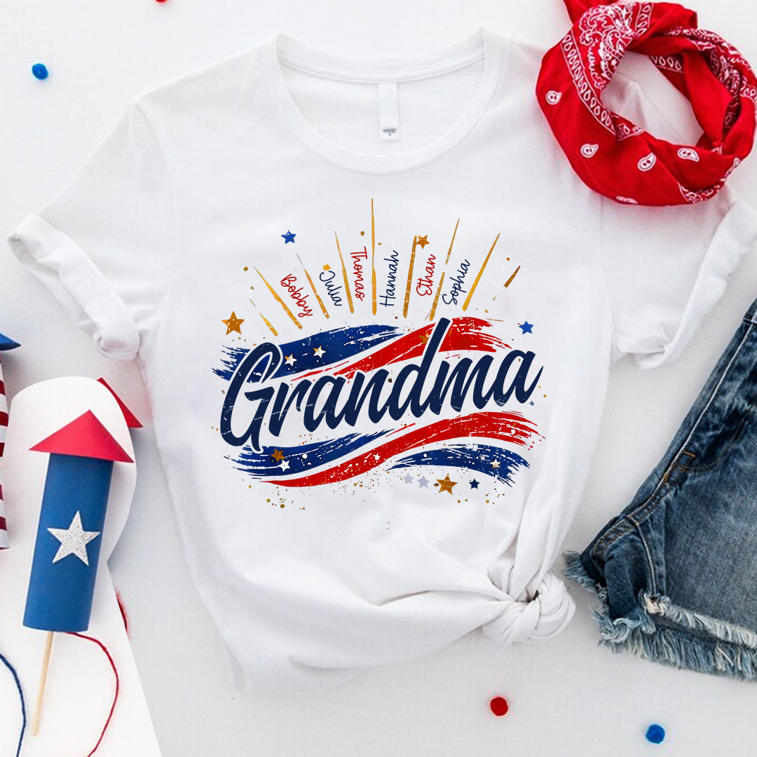 Personalized Grandma Shirt, Custom American Flag Design with Kids' Names, Family T Shirt for 4th of July