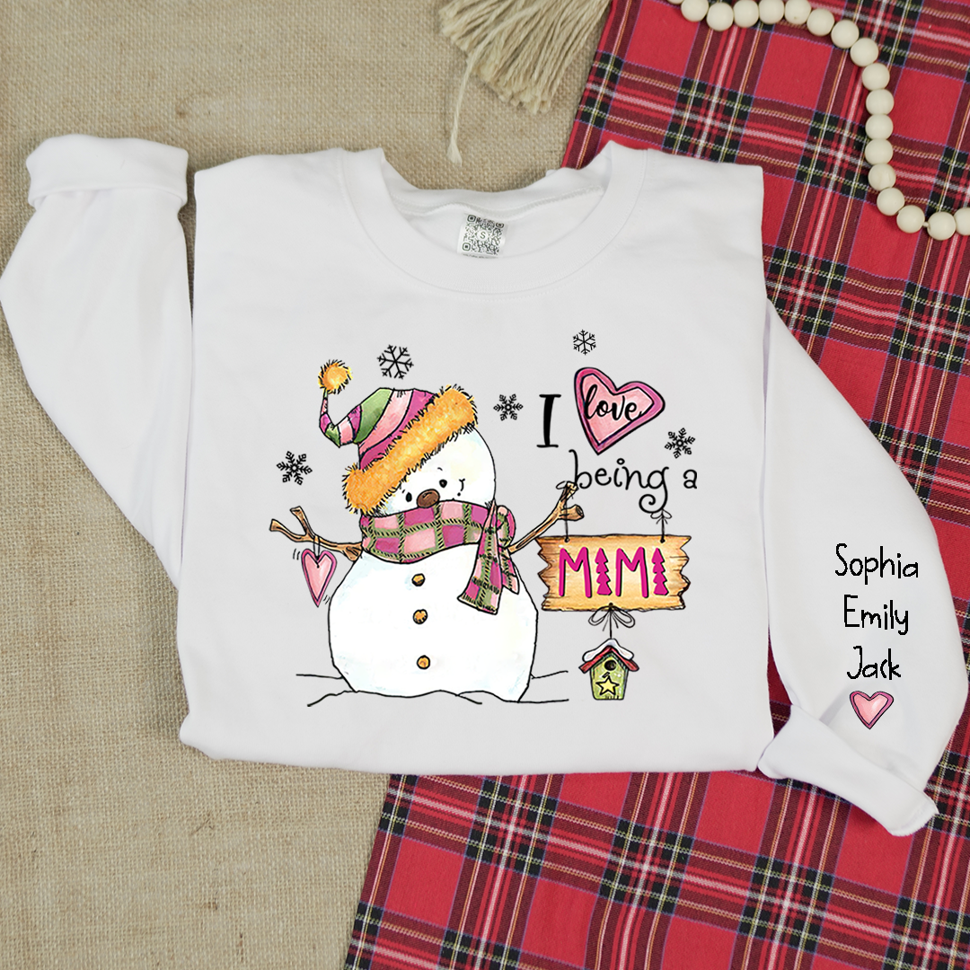 I love being Mimi Snowman Pink Christmas And Grandkids Sweatshirt