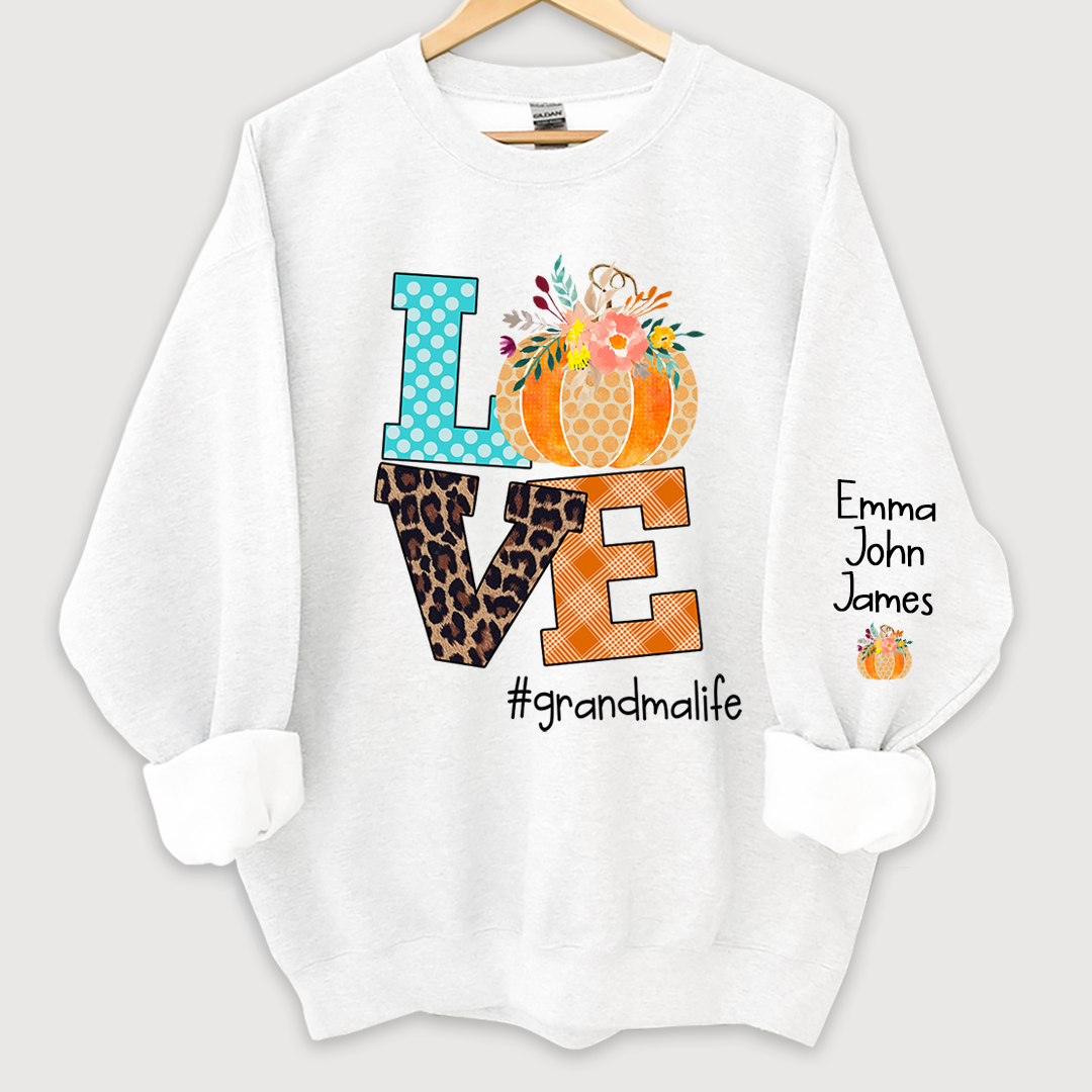 Love grandmalife Pumpkins Autumn And Grandkids Sweatshirt