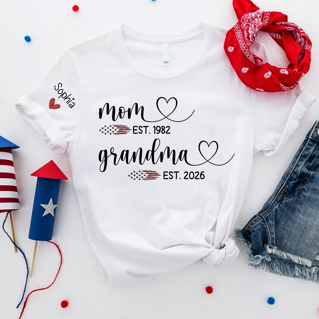 Personalized Mom & Grandma T-Shirt, Custom EST Year Design for Mom, Grandma, Mimi, Gigi, Nana, American Flag Hearts Graphic, Gifts for Mother's Day, 4th of July