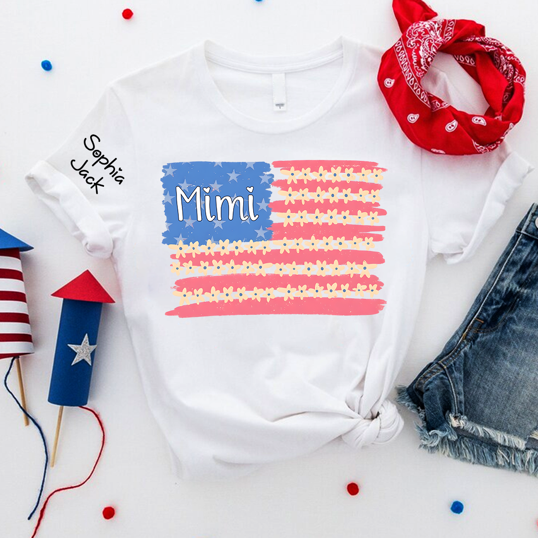 Personalized Mimi Flag Flower American T-shirt , Personalized Mimi Gigi Grandma Nana Shirt for 4th of July, Mother's Day, Birthday Gift, Custom Family Names