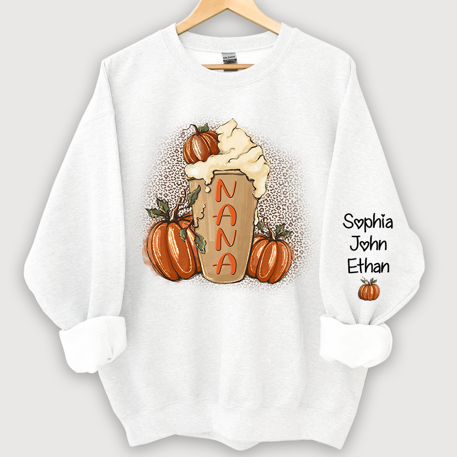 Personalized Nana Latte With Pumpkin Grandkids Fall Latte Coffie Sweatshirt