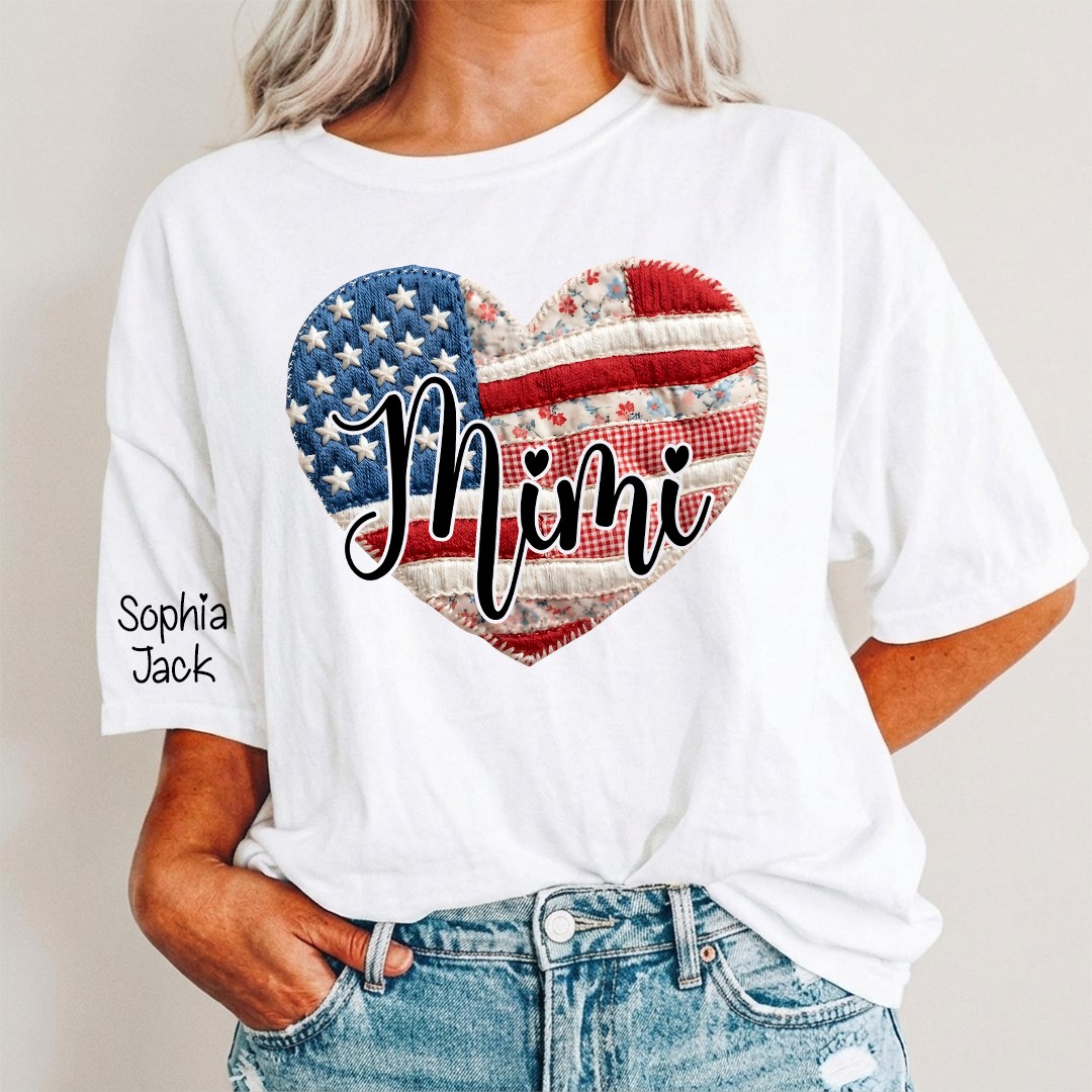 Custom Heart Flag T-Shirt, Personalized American Flag Design for Mimi, Gigi, Grandma, Nana, Patriotic Shirt for Mother's Day, Independence Day, and Birthday Gifts