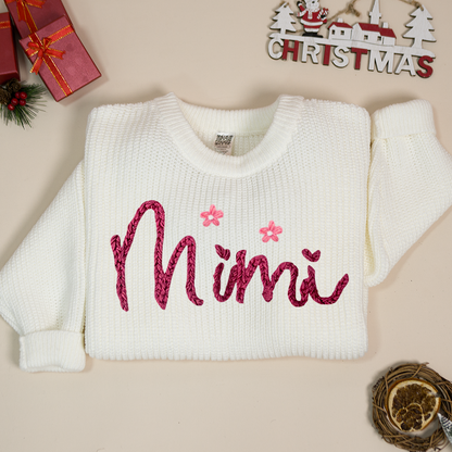 Hands Embroidery Women's Flower Block Short Sweater, Hand Embroidered Custom Name Sweater ,Oversized Sweater, Embroidered Name Sweater