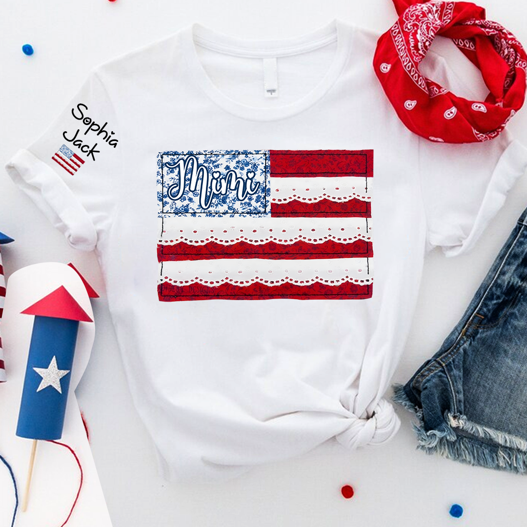 Personalized Mimi Patchwork USA Flag Shirt with Lace Details, Custom Family Name, 4th of July Independence Day T-shirt