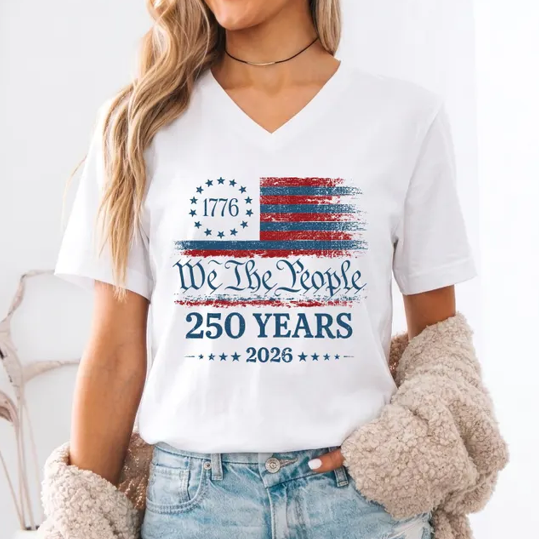250 Years We The People V-Neck Shirt, Patriotic American Flag Shirt, 1776 2026 USA Anniversary Shirt, Retro Independence Day V-Neck for Women