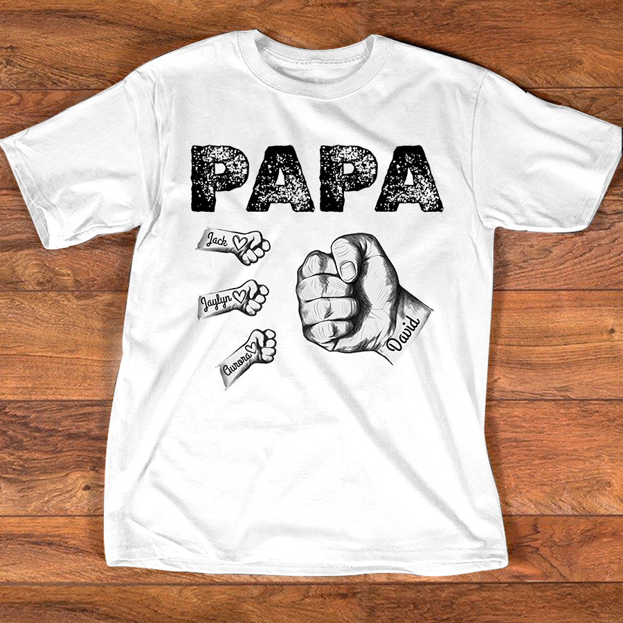 Personalized Papa Fist Bump Shirt with Kids Names, Custom Family Nickname T-Shirt for Dad Fathers Day Birthday 4th of July